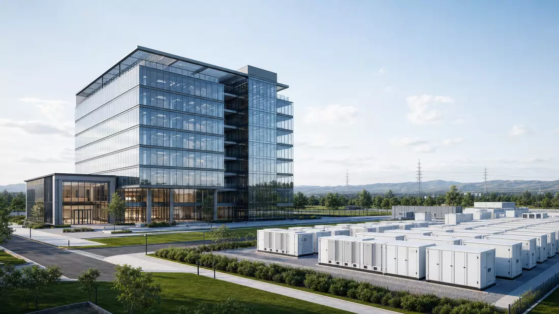 Architektur-Rendering eines Bürogebäudes neben einer Batteriespeicheranlage