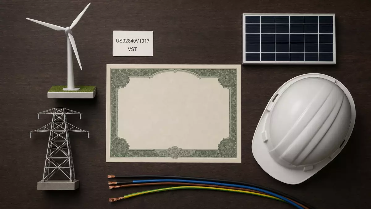 Flatlay mit Aktienzertifikat, ISIN-Karte, Windrad-Modell, Solarpanel und Schutzhelm