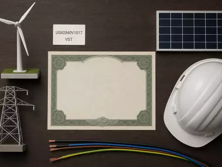 Vistra Corp. (ISIN US92840V1017) als Flatlay mit Aktienzertifikat, ISIN-Karte und Energie-Utensilien inszeniert - Foto: THN