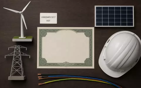 Vistra Corp. (ISIN US92840V1017) als Flatlay mit Aktienzertifikat, ISIN-Karte und Energie-Utensilien inszeniert - Foto: THN