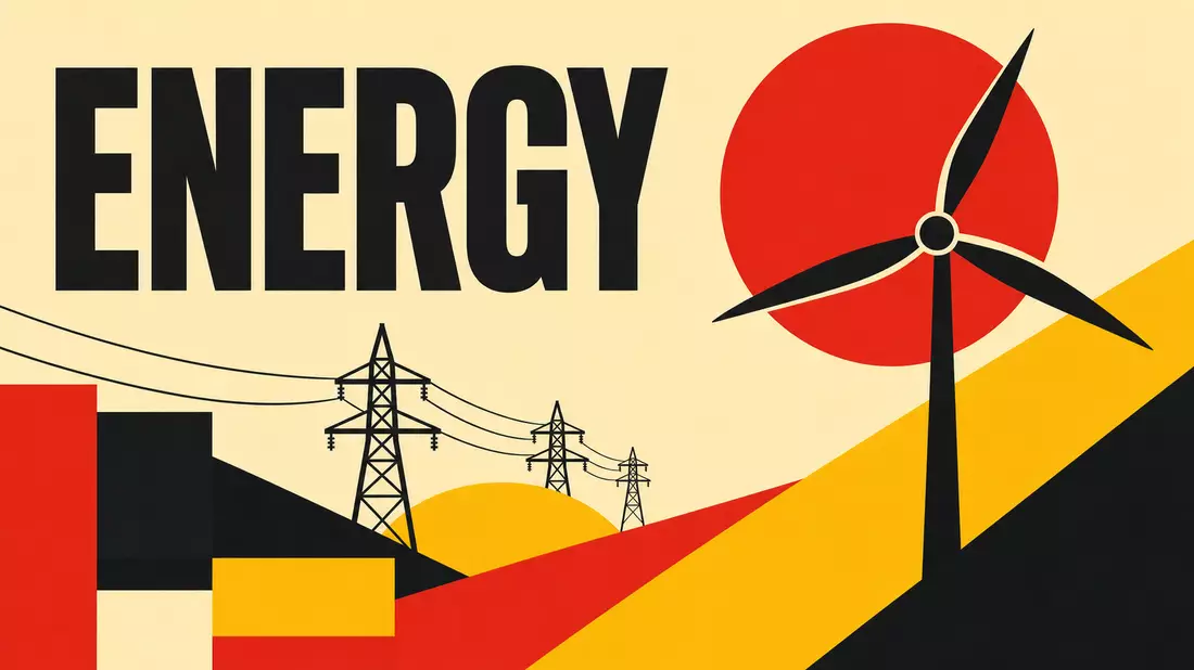 Bauhaus-Poster mit geometrischen Formen, Windrad und dem Schriftzug ENERGY