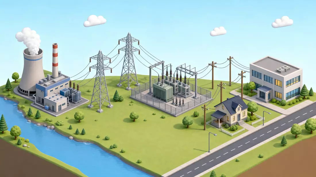 Isometrische 3D-Illustration einer Stromwertschöpfungskette vom Kraftwerk zum Haus