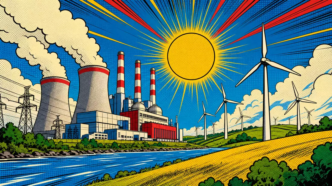 Pop-Art-Comic-Illustration eines Kraftwerks und Windparks unter leuchtender Sonne