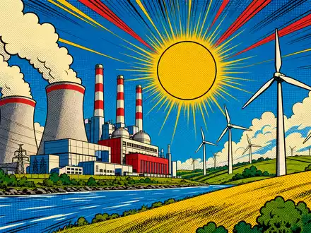 Vistra Corp. (ISIN US92840V1017) im Pop-Art-Comic-Stil mit Kraftwerk und WindrÀdern unter strahlender Sonne - Foto: THN