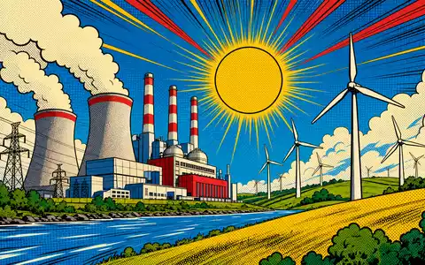 Vistra Corp. (ISIN US92840V1017) im Pop-Art-Comic-Stil mit Kraftwerk und WindrÀdern unter strahlender Sonne - Foto: THN