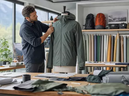 Fotorealistisches Designstudio zeigt unbedruckte Outdoor-Jacke, VF Corporation ISIN US9255241033 repräsentiert Bekleidungsentwicklung und Materialauswahl der Branche - Foto: THN
