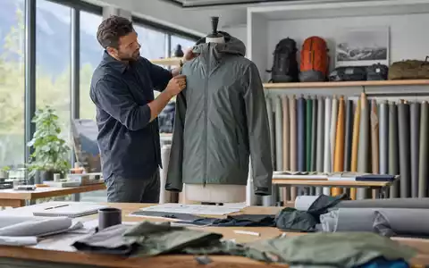 Fotorealistisches Designstudio zeigt unbedruckte Outdoor-Jacke, VF Corporation ISIN US9255241033 repräsentiert Bekleidungsentwicklung und Materialauswahl der Branche - Foto: THN
