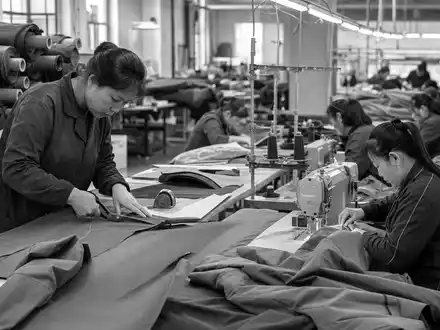 Schwarzweiß-Reportage dokumentiert Näherinnen an Produktionslinie, VF Corporation ISIN US9255241033 veranschaulicht industrielle Fertigung unbedruckter Outdoor-Bekleidung weltweit - Foto: THN