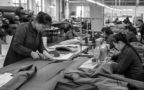 Schwarzweiß-Reportage dokumentiert Näherinnen an Produktionslinie, VF Corporation ISIN US9255241033 veranschaulicht industrielle Fertigung unbedruckter Outdoor-Bekleidung weltweit - Foto: THN