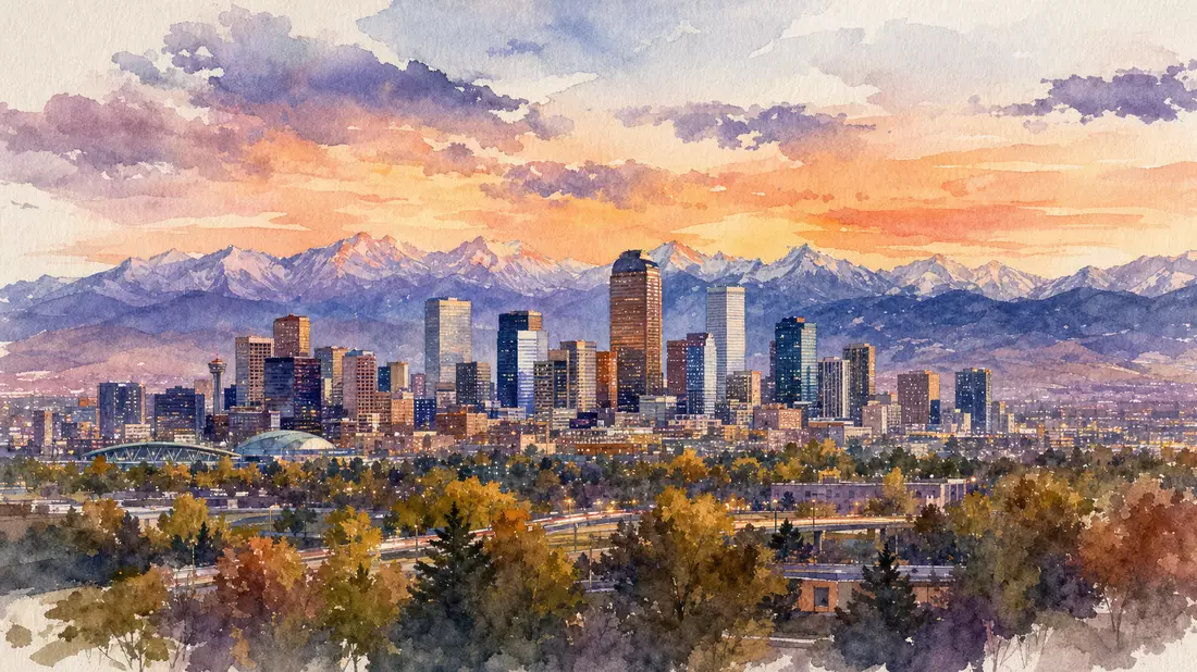 Aquarell der Skyline von Denver mit Rocky Mountains im Hintergrund