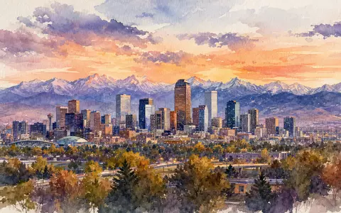 Aquarellmalerei zeigt Denver-Skyline mit Bergen bei Sonnenuntergang, VF Corporation ISIN US9255241033 Unternehmenssitz - Foto: THN