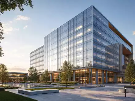 Architektur-Render einer modernen Firmenzentrale mit Glasfassade, VF Corporation ISIN US9255241033 symbolisiert globale Unternehmensstruktur - Foto: THN