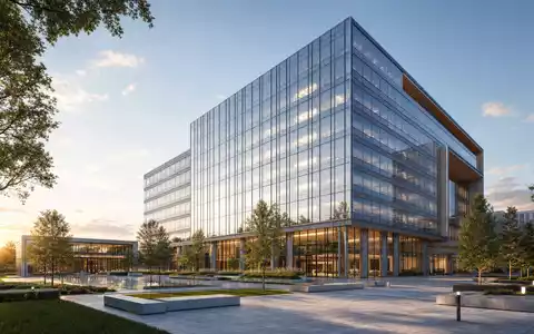 Architektur-Render einer modernen Firmenzentrale mit Glasfassade, VF Corporation ISIN US9255241033 symbolisiert globale Unternehmensstruktur - Foto: THN