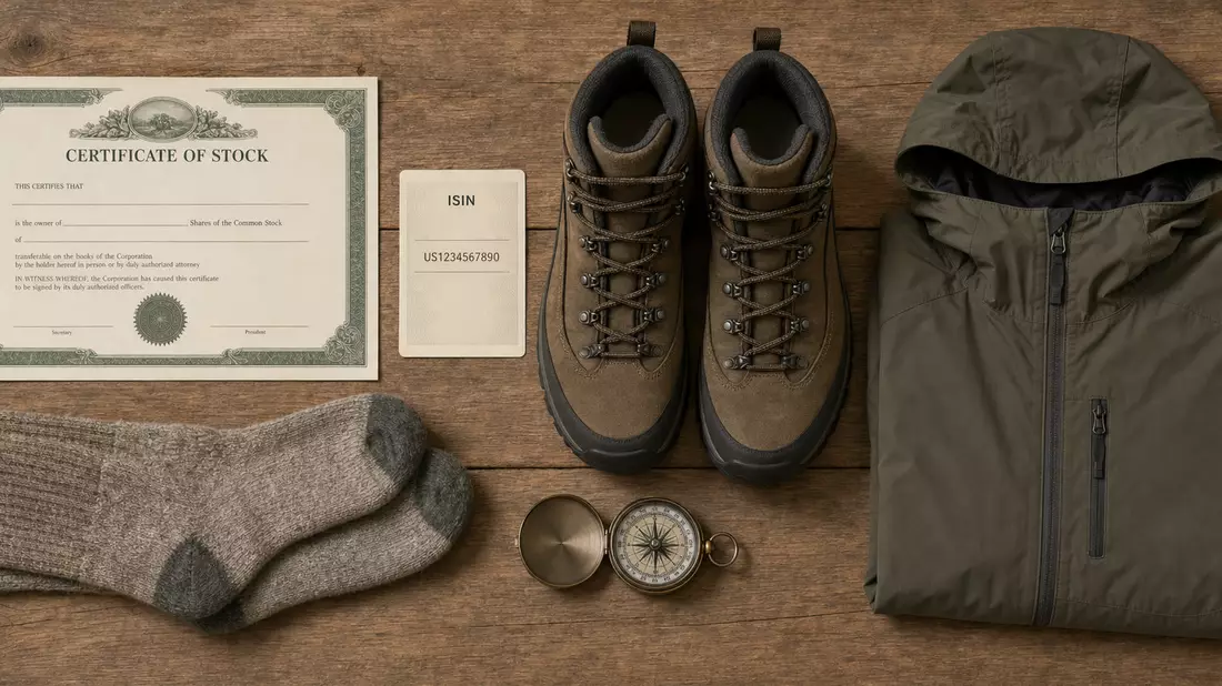 Flatlay mit Aktienzertifikat, ISIN-Karte, Wanderstiefeln und gefalteter Jacke