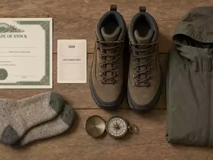 Flatlay kombiniert Aktienzertifikat, ISIN-Karte und Outdoor-Ausrüstung, VF Corporation ISIN US9255241033 verbindet Kapitalmarkt und Bekleidungsbranche - Foto: THN