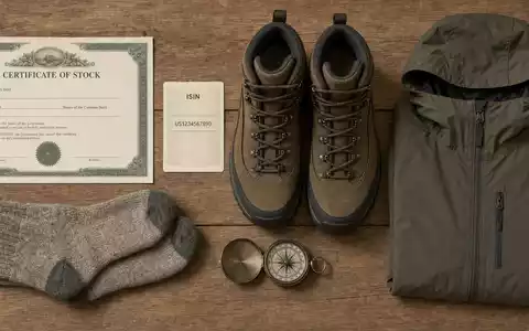 Flatlay kombiniert Aktienzertifikat, ISIN-Karte und Outdoor-Ausrüstung, VF Corporation ISIN US9255241033 verbindet Kapitalmarkt und Bekleidungsbranche - Foto: THN