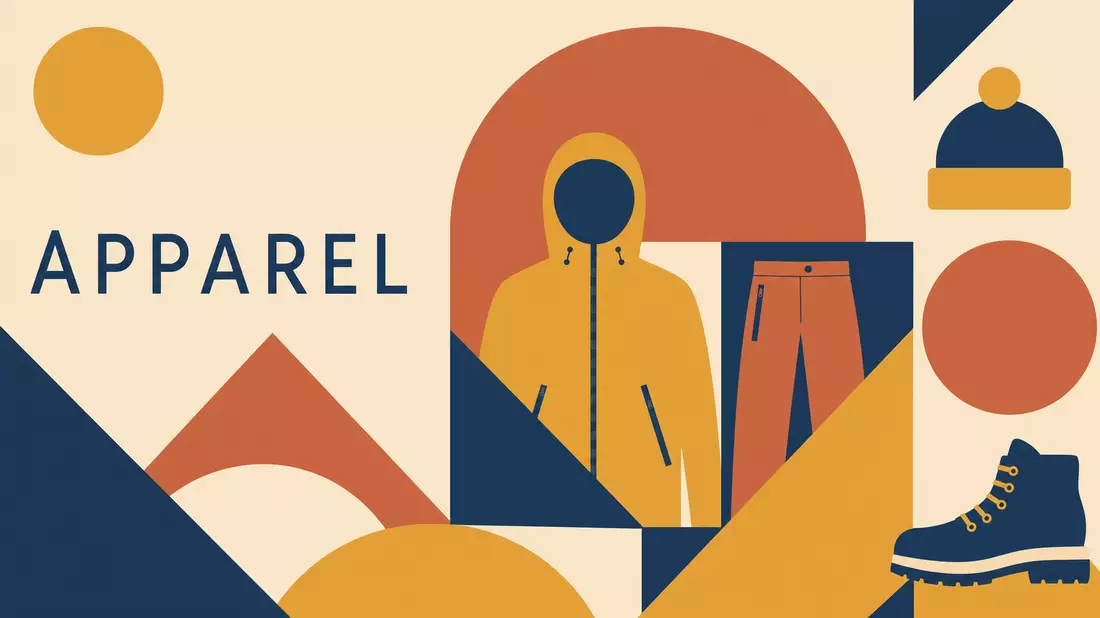 Geometrisches Bauhaus-Poster mit Kreisen, Dreiecken und dem Wort APPAREL