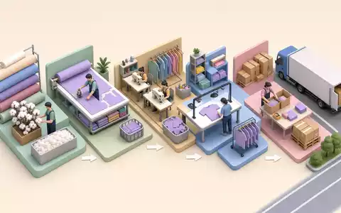 Isometrische 3D-Grafik stellt Wertschöpfungskette der Bekleidungsherstellung dar, VF Corporation ISIN US9255241033 zeigt Produktionsprozess - Foto: THN