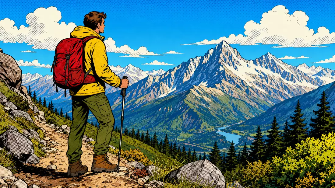 Bunte Comic-Illustration eines Wanderers mit Rucksack vor Bergpanorama