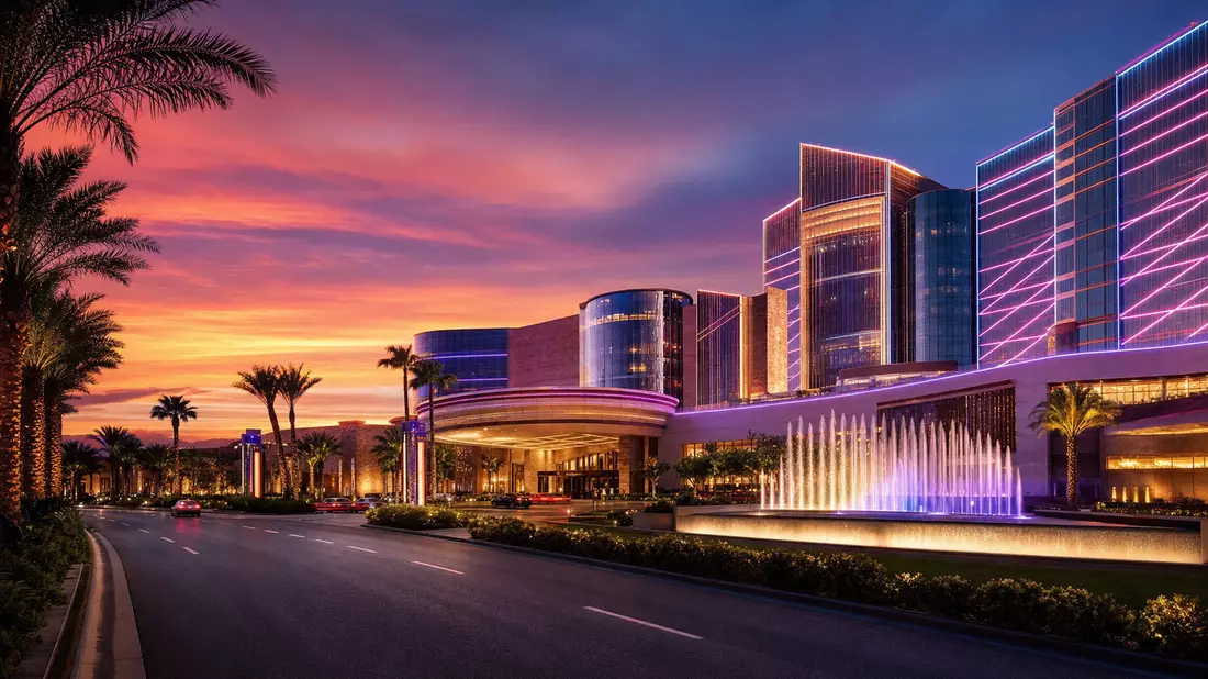 Fotorealistischer Casino-Resort-Komplex bei Dämmerung mit Neonlicht und Springbrunnen