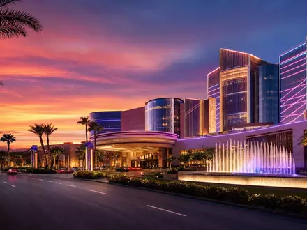 VICI Properties Inc (ISIN US9256521090) besitzt Gaming-Immobilien wie diesen fiktiven Casino-Resort-Komplex bei Sonnenuntergang mit Springbrunnen - Foto: THN