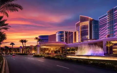 VICI Properties Inc (ISIN US9256521090) besitzt Gaming-Immobilien wie diesen fiktiven Casino-Resort-Komplex bei Sonnenuntergang mit Springbrunnen - Foto: THN