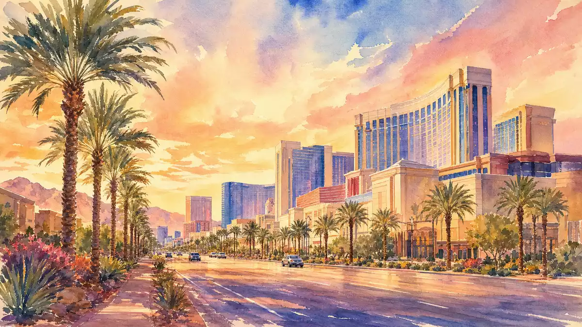 Aquarellmalerei einer sonnigen Resortstadt-Skyline mit Palmen und Hoteltürmen