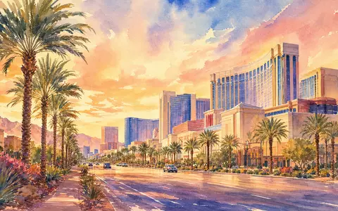 VICI Properties Inc (ISIN US9256521090) hält Grundstücke in Resortstädten, künstlerisch dargestellt als sonnige Aquarell-Skyline-Ansicht - Foto: THN