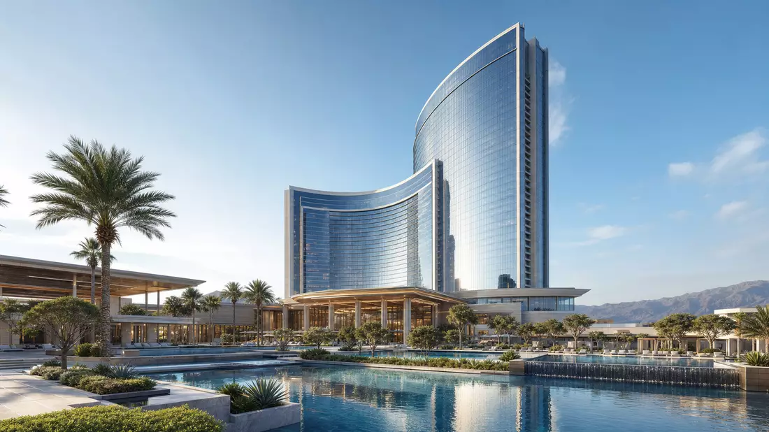 Architektur-Render eines modernen Glas-Hochhaus-Resorts mit Pool und Palmen
