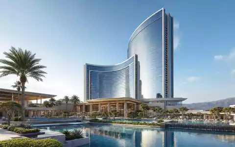 VICI Properties Inc (ISIN US9256521090) entwickelt moderne Hochhaus-Resorts, visualisiert als schlankes Architektur-Render bei Tageslicht - Foto: THN