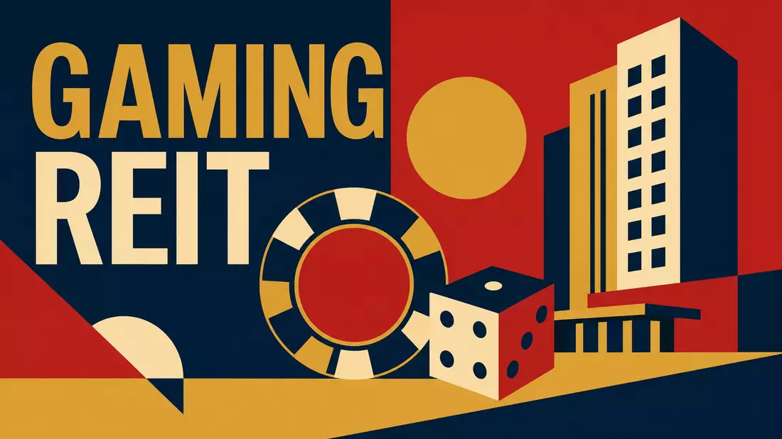 Geometrisches Bauhaus-Poster mit Pokerchip, Würfel, Hochhaus-Silhouette und Text GAMING REIT