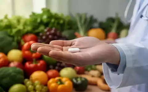 Eine Person hält eine weiße Pille in der Hand, mit unscharfem Hintergrund aus frischem Obst und Gemüse. - Foto: über boerse-global.de