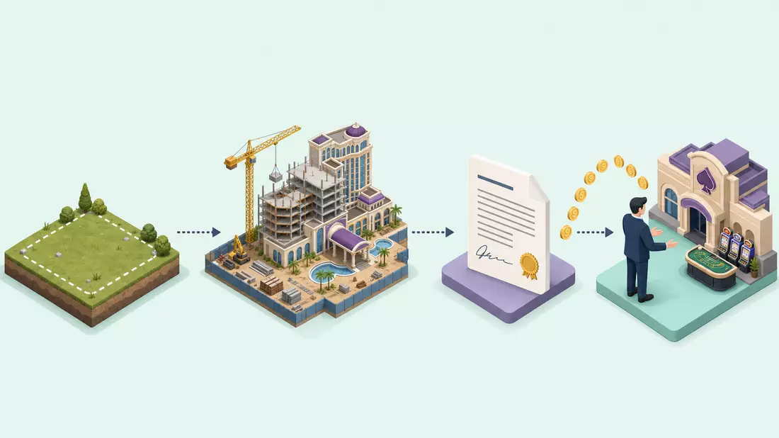 Isometrisches 3D-Diagramm der Wertschöpfungskette von Grundstück bis Casino-Betrieb