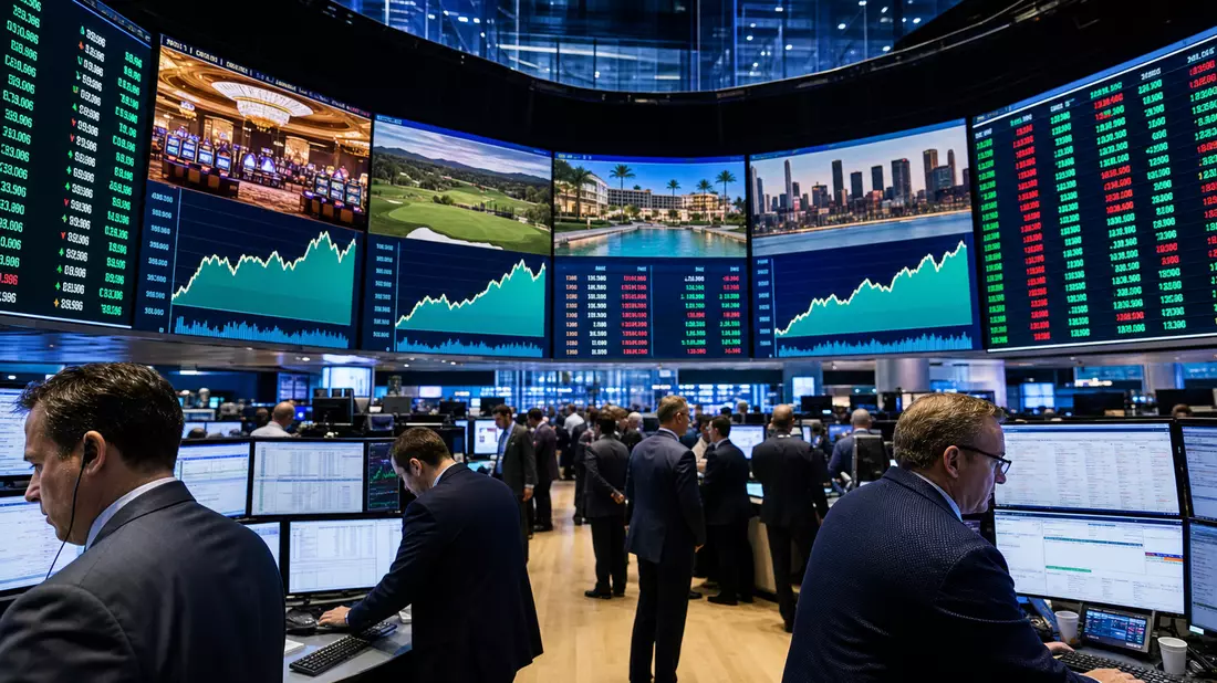 Börsen-Trading-Floor mit großen Bildschirmen und Kurscharts zum Gaming-Immobiliensektor