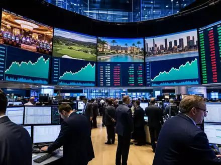 VICI Properties Inc (ISIN US9256521090) notiert an der NYSE, gezeigt durch Börsen-Trading-Floor mit Sektor-Charts - Foto: THN