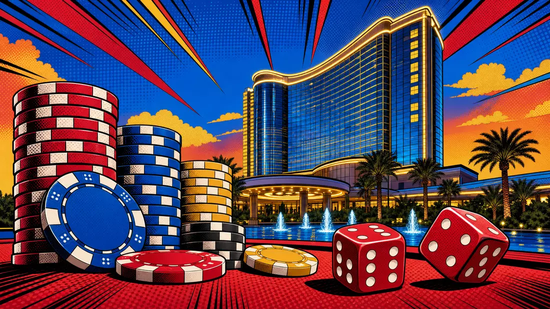 Pop-Art-Comic-Illustration einer Casino-Resort-Szene mit Pokerchips und Würfeln