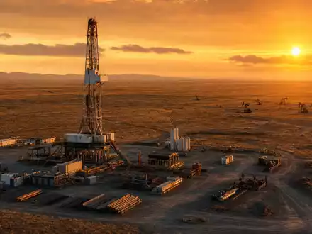 Devon Energy US25179M1036 zeigt eine Bohrinsel bei goldenem Sonnenuntergang über weiter Ölfeld-Landschaft - Foto: THN