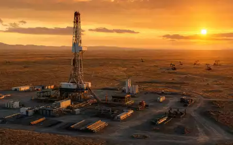 Devon Energy US25179M1036 zeigt eine Bohrinsel bei goldenem Sonnenuntergang über weiter Ölfeld-Landschaft - Foto: THN