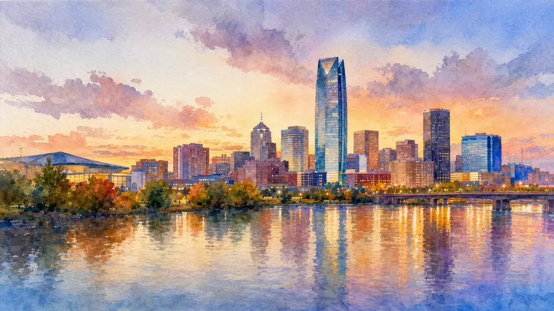 Aquarell der Oklahoma City Skyline mit Flussreflexion bei Sonnenuntergang