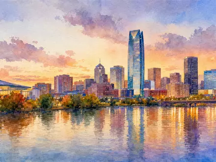 Devon Energy US25179M1036 Aquarell der Oklahoma City Skyline mit Flussreflexion bei sommerlicher ruhiger Abenddämmerung - Foto: THN