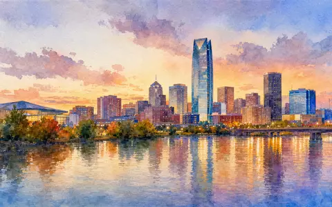 Devon Energy US25179M1036 Aquarell der Oklahoma City Skyline mit Flussreflexion bei sommerlicher ruhiger Abenddämmerung - Foto: THN