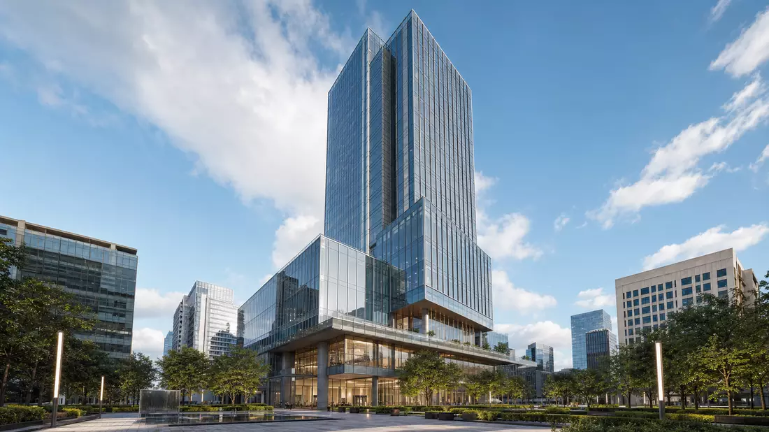 Architektur-Render eines modernen Glashochhauses im Stadtzentrum