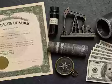 Devon Energy US25179M1036 Flatlay mit Aktienzertifikat und ISIN Karte sowie Ölprobe und Bohrbranche Utensilien darauf - Foto: THN