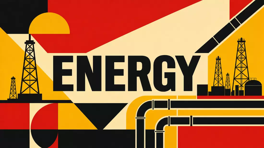 Bauhaus-Poster mit geometrischen Formen und dem Wort ENERGY in Rot-Schwarz-Gelb