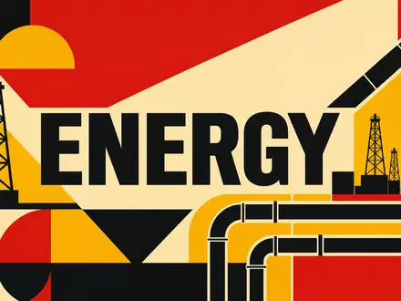 Devon Energy US25179M1036 Bauhaus-Poster mit geometrischen Formen Bohrtürmen und zentriertem Sektor-Text ENERGY - Foto: THN