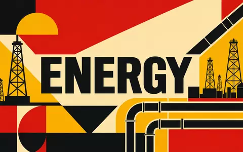 Devon Energy US25179M1036 Bauhaus-Poster mit geometrischen Formen Bohrtürmen und zentriertem Sektor-Text ENERGY - Foto: THN