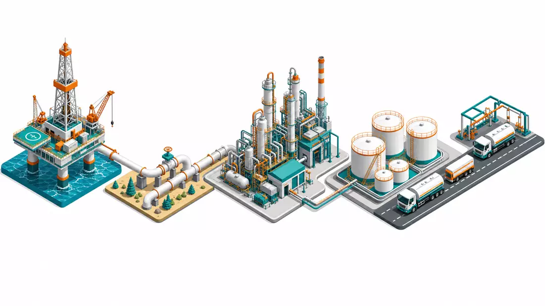 Isometrisches 3D-Diagramm der Öl-Gas-Wertschöpfungskette