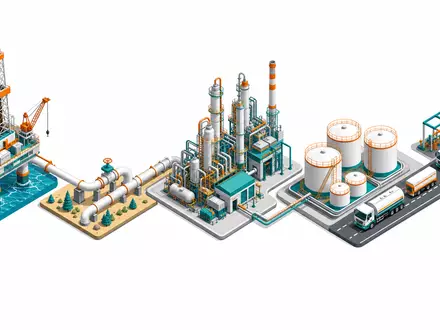 Devon Energy US25179M1036 isometrisches 3D-Diagramm der vollständigen Öl-Gas-Wertschöpfungskette von Förderung bis Vertrieb - Foto: THN