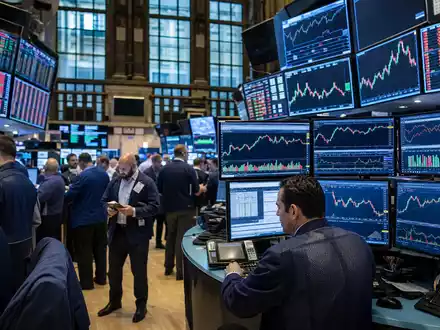 Devon Energy US25179M1036 Börsen-Editorial auf dem NYSE-Handelsfloor mit Energie-Sektor-Charts auf mehreren Monitoren - Foto: THN