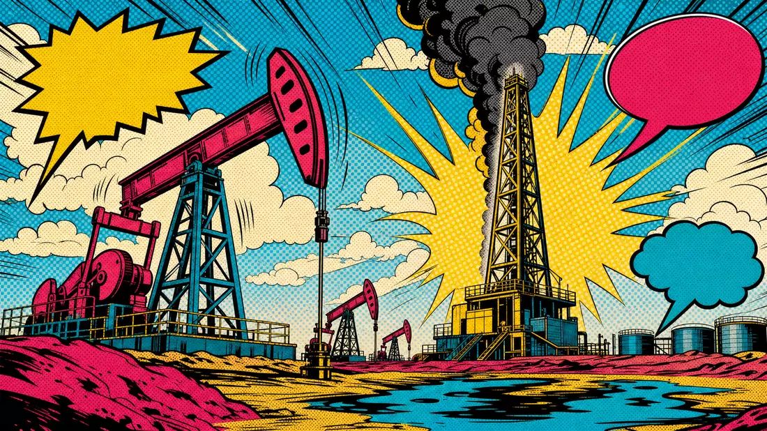 Pop-Art-Comic mit farbigen Pumpjacks und Öl-Bohrtürmen